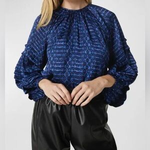NWT $285 MISA Women's Blue Shibori Dyed Puff Sleeve Victoria Top Blouse Size S